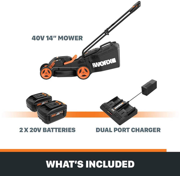 WORX WG779 40V Power Share 4.0 Ah 14" Lawn Mower w/ Mulching & Intellicut (2x20V Batteries)