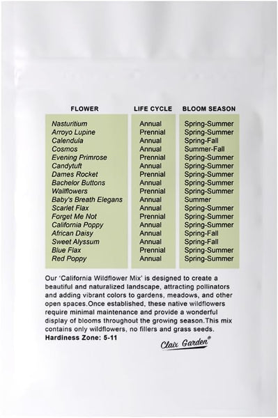 California Wildflower Mix - 10,000 Seeds - 17 Varieties - No Fillers, Open Pollinated and Non GMO, Perennial and Annual Garden Flowers, Attracts Bees and Butterflies