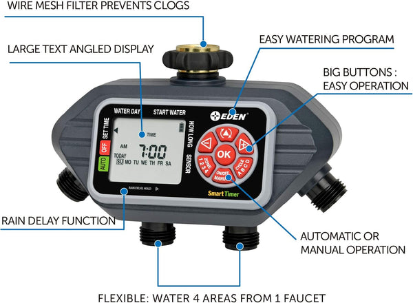 Eden 93413 Programmable Digital Water Timer 4-Zone, Compatible with Wireless Soil Moisture Sensor