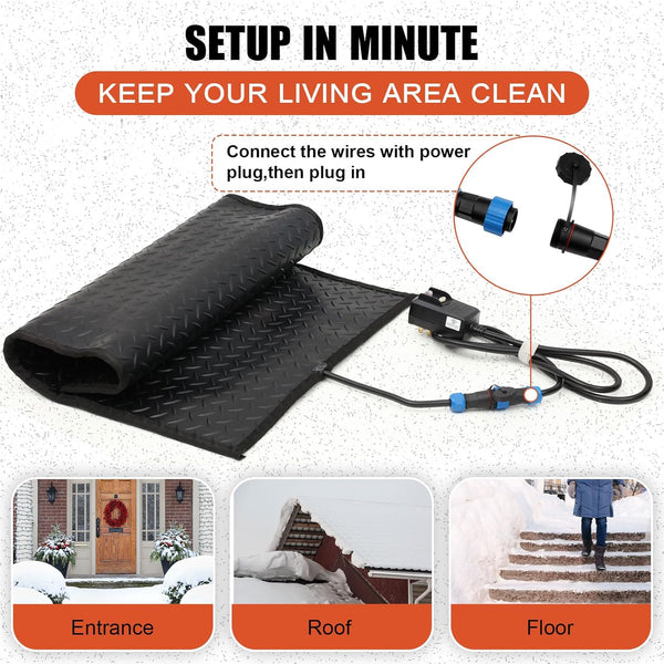 Baquler 30'' x 60'' Heated Snow Ice Melting Mats No Slip Heated Outdoor Mats Melts up to 3 Inches/h and Ice with 9.84 ft Power Cord for Winter Snow Removal Stairs Steps Driveway Walkway Decks Sidewalk