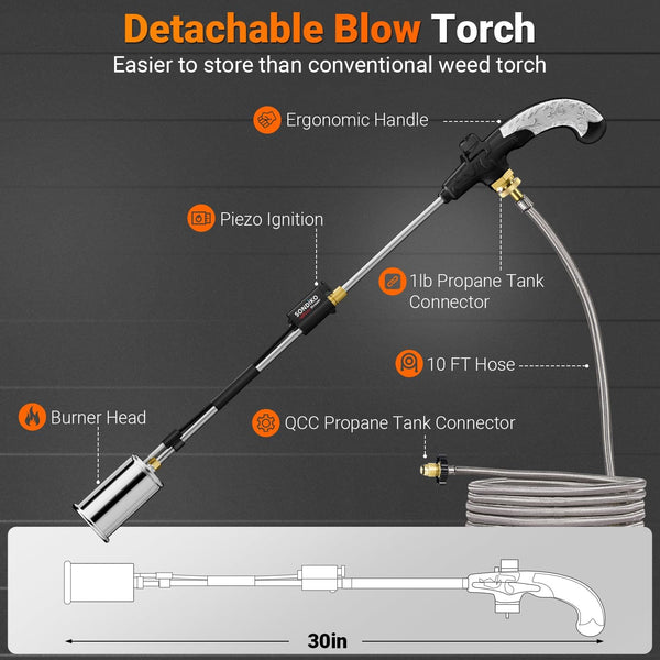 Sondiko Propane Torch Weed Burner, High Output Weed Torch Flamethrower, 30" Detachable Long Arm Heavy Duty Blow Torch For Garden, Wood, Ice, Snow, Melting(PROPANE TANK NOT INCLUDED)