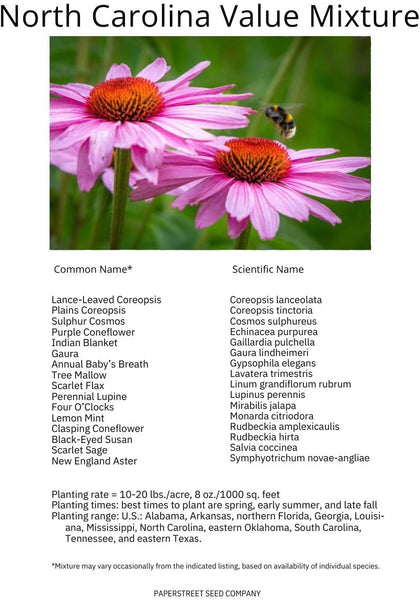 North Carolina Bulk Perennial Wildflower Seed Mix 1lb Covers 2,000sq-ft - Attract Pollinators, Multi-Color Blooms - Southeast US Species Plant in Spring/Fall, Earth-Friendly Packaging (1 Pound)