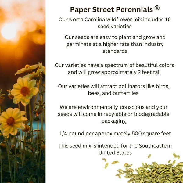 North Carolina Bulk Perennial Wildflower Seed Mix 1lb Covers 2,000sq-ft - Attract Pollinators, Multi-Color Blooms - Southeast US Species Plant in Spring/Fall, Earth-Friendly Packaging (1 Pound)