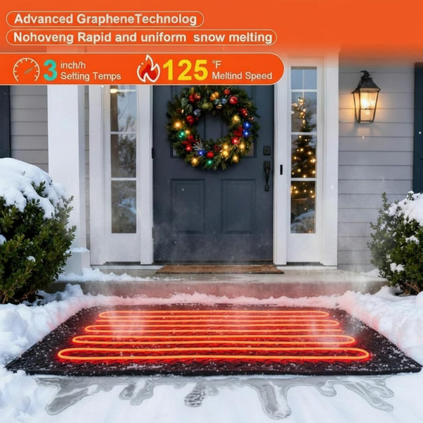 Baquler 30'' x 60'' Heated Snow Ice Melting Mats No Slip Heated Outdoor Mats Melts up to 3 Inches/h and Ice with 9.84 ft Power Cord for Winter Snow Removal Stairs Steps Driveway Walkway Decks Sidewalk