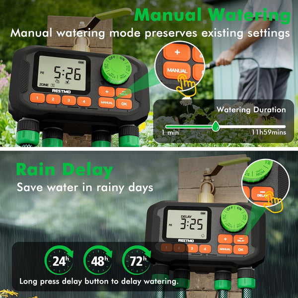 RESTMO 4 Zone Sprinkler Timer with Brass Inlet, Programmable Water Timer for Garden Hose, Automatic Control | Manual ON/Off | Rain Delay for Outdoor Faucet, Drip Irrigation and Lawn Watering System