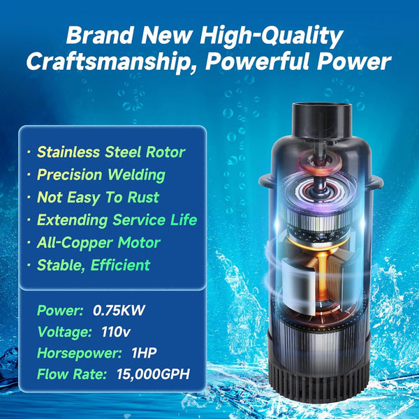 RELIY Pond Fountain Aerator, 1HP 110V 15000 GPH Fountain Pump, Fully Automatic Powerful Lake Floating Fountain, 100 FT Power Cord, 2x100 FT Traction Rope, Pond Fountains For Large Ponds