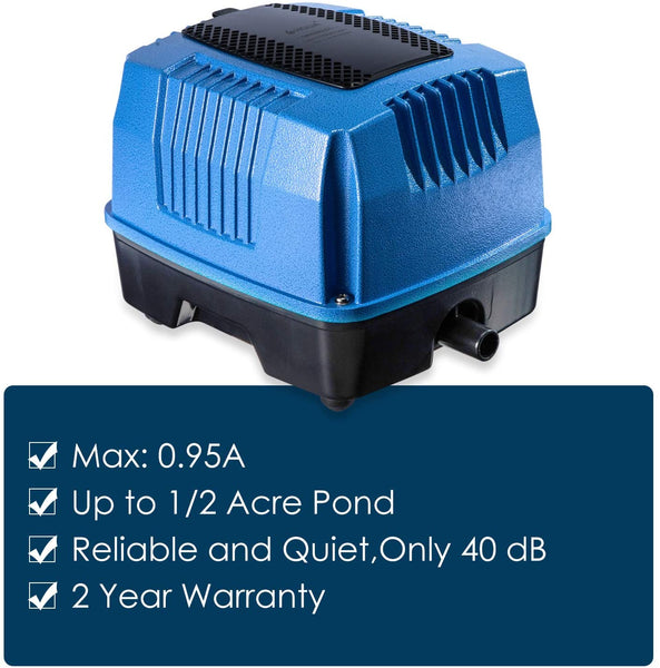 HQUA SWA20 1/8HP Pond Water Garden Septic Aerator Kit, Aeration System, MAX 5 CFM for Pond Up to 1/2 Acre, 6” deep, over 1 million gallons, 105W, 110V Compressor + 70' Weighted Tubing + 2 Diffusers