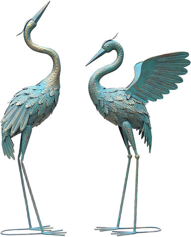 Oritty Standing Metal Crane Garden Statue Décor, Bird Garden Sculpture & Statues, Outdoor Decoration for Yard Patio Lawn Backyard Pool, Vintage Spread Wings Crane, Set of 2