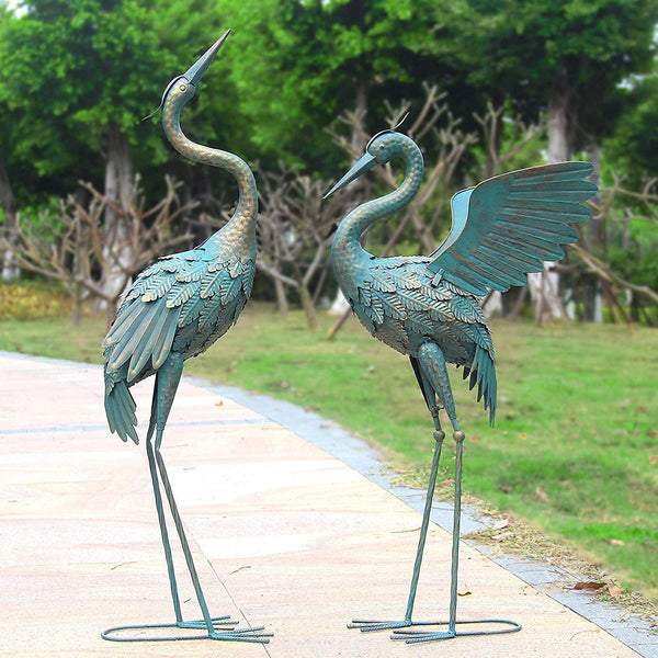Oritty Standing Metal Crane Garden Statue Décor, Bird Garden Sculpture & Statues, Outdoor Decoration for Yard Patio Lawn Backyard Pool, Vintage Spread Wings Crane, Set of 2