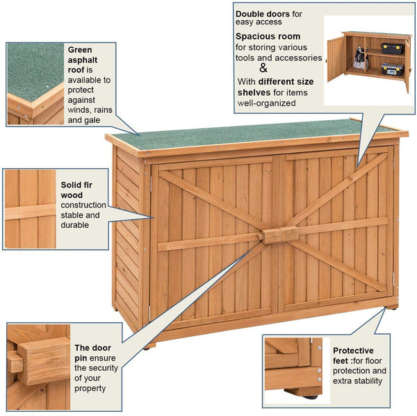 Goplus Wooden Garden Shed Outdoor Storage Cabinet Fir Wood Double Door Yard Locker (Natural)