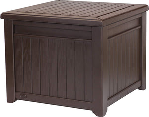 Keter 55 Gallon Resin Wood Look Outdoor Deck Box Table in One with Patio Furniture Cushion Storage, Brown