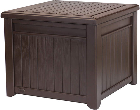 Keter 55 Gallon Resin Wood Look Outdoor Deck Box Table in One with Patio Furniture Cushion Storage, Brown