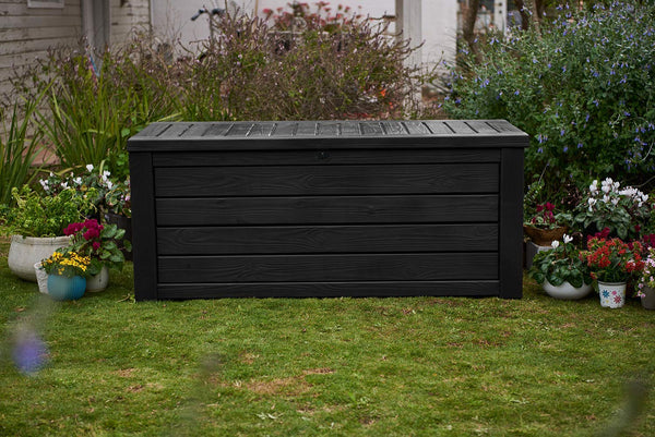 Keter Westwood 150 Gallon Resin Outdoor Storage Deck Box for Patio Garden Furniture, Dark Grey