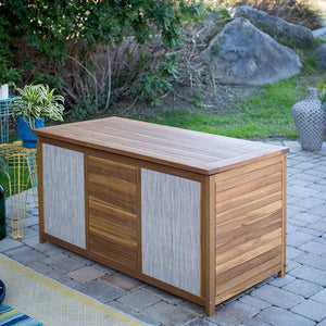 Natural Finish Wood Modern Patio Deck Box with Gray Fabric Accent Storage