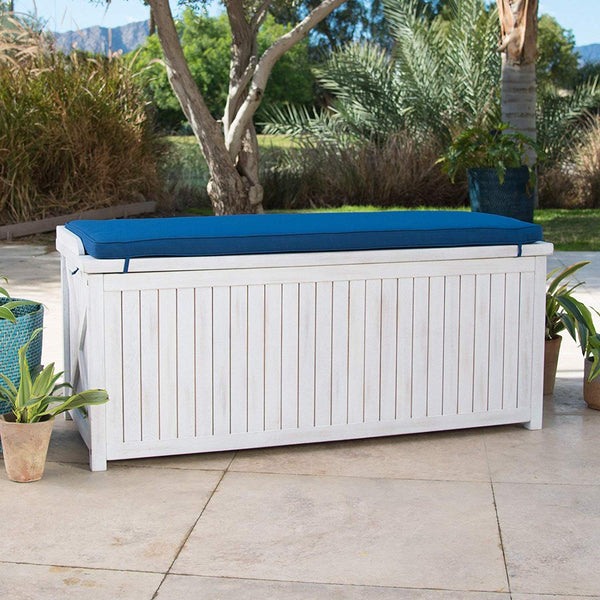 Nautical Weathered White Finish Eucalyptus Wood Patio Storage Deck Box for Cushions Pool Outdoor