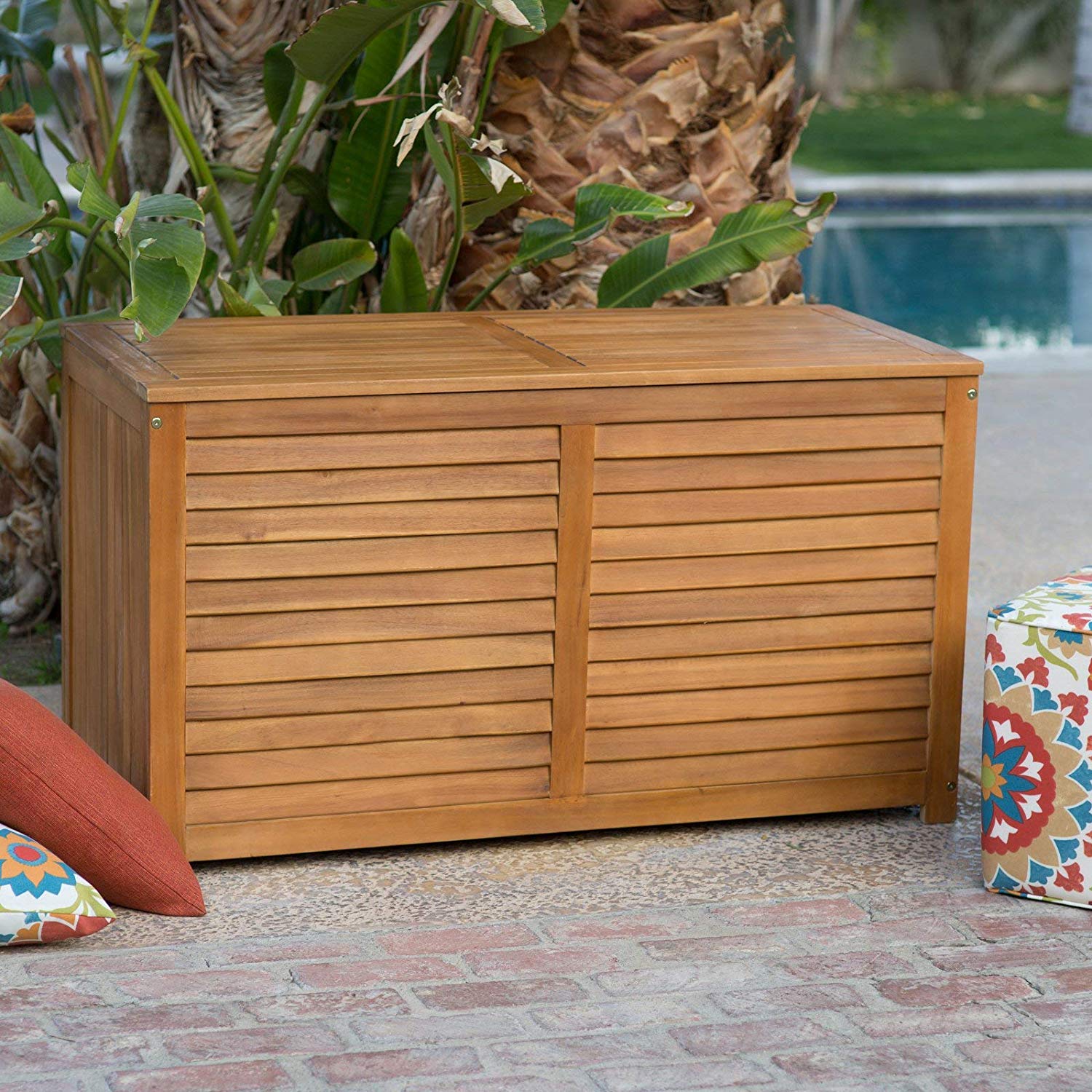 Outdoor Classic Natural Finish Wood 90 Gallon Deck Box Storage for Pool Patio 48L x 22W x 27H in.