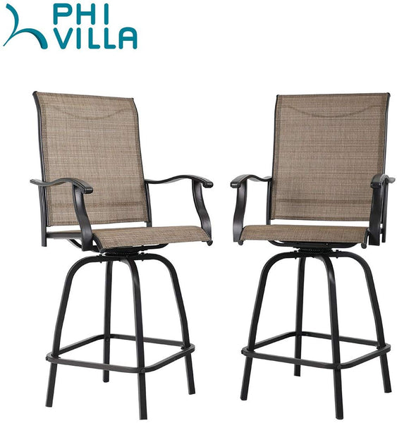 PHI VILLA Patio 3 PC Swivel Bar Sets Textilene High Bistro Sets, 2 Bar Stools and 1 Table, Brown