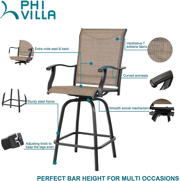 PHI VILLA Patio 3 PC Swivel Bar Sets Textilene High Bistro Sets, 2 Bar Stools and 1 Table, Brown
