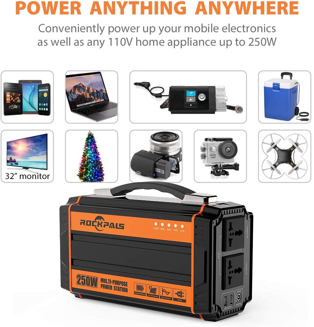 250W Portable Power Station + 40W Solar Panel - 250Wh Camping Battery Bank With AC Outlet, 7 Ports