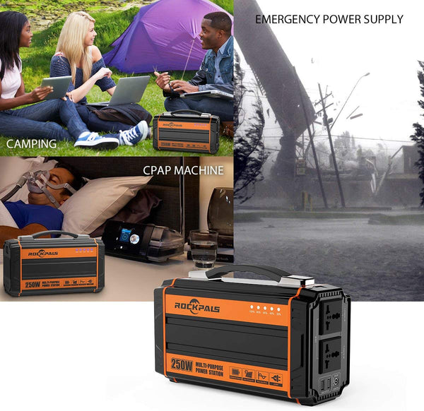 Rockpals 250-Watt Portable Generator Rechargeable Lithium Battery Pack Solar Generator with 110V AC Outlet