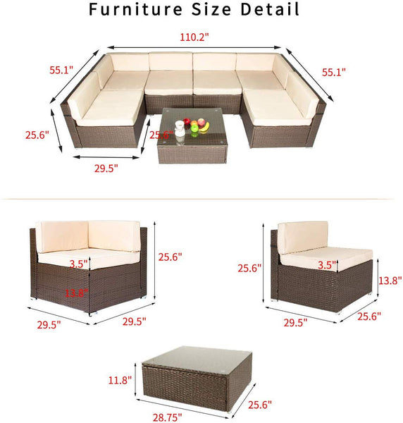 U-MAX 7 Piece Patio PE Rattan Wicker Sofa Set Outdoor Sectional Furniture Chair Set with Cushions and Tea Table, Brown