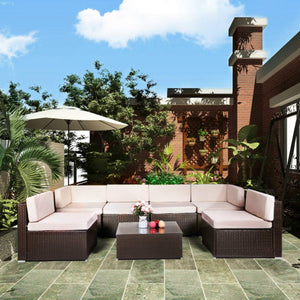 U-MAX 7 Piece Patio PE Rattan Wicker Sofa Set Outdoor Sectional Furniture Chair Set with Cushions and Tea Table, Brown